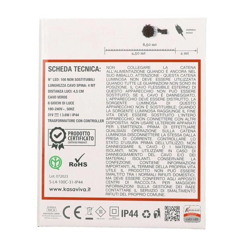 HIGH-TECH FILO A 100 LED LUCE BIANCA CALDA DA 8.50 METRI