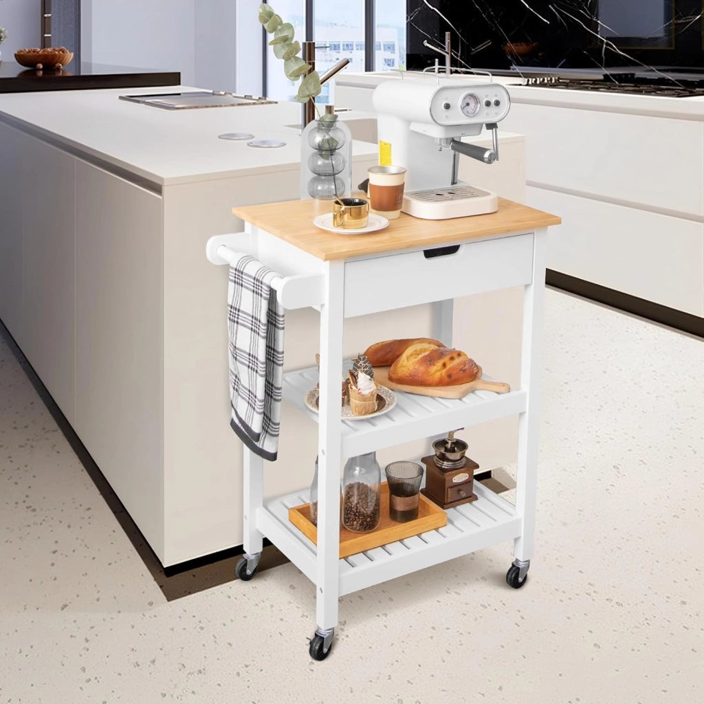 Carrello da Cucina, Carrello Cucina con Cassetti e Piano di Lavoro, Carrello da Cucina con Ruote, Carrellino Portaoggetti Multiuso, Portaoggeti in Bambù (Bianco)