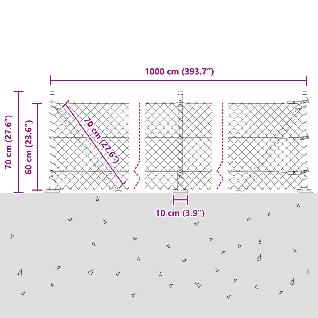 Recinzione a maglie metalliche con 7 pali flangiati 0,6x10 m in acciaio zincato