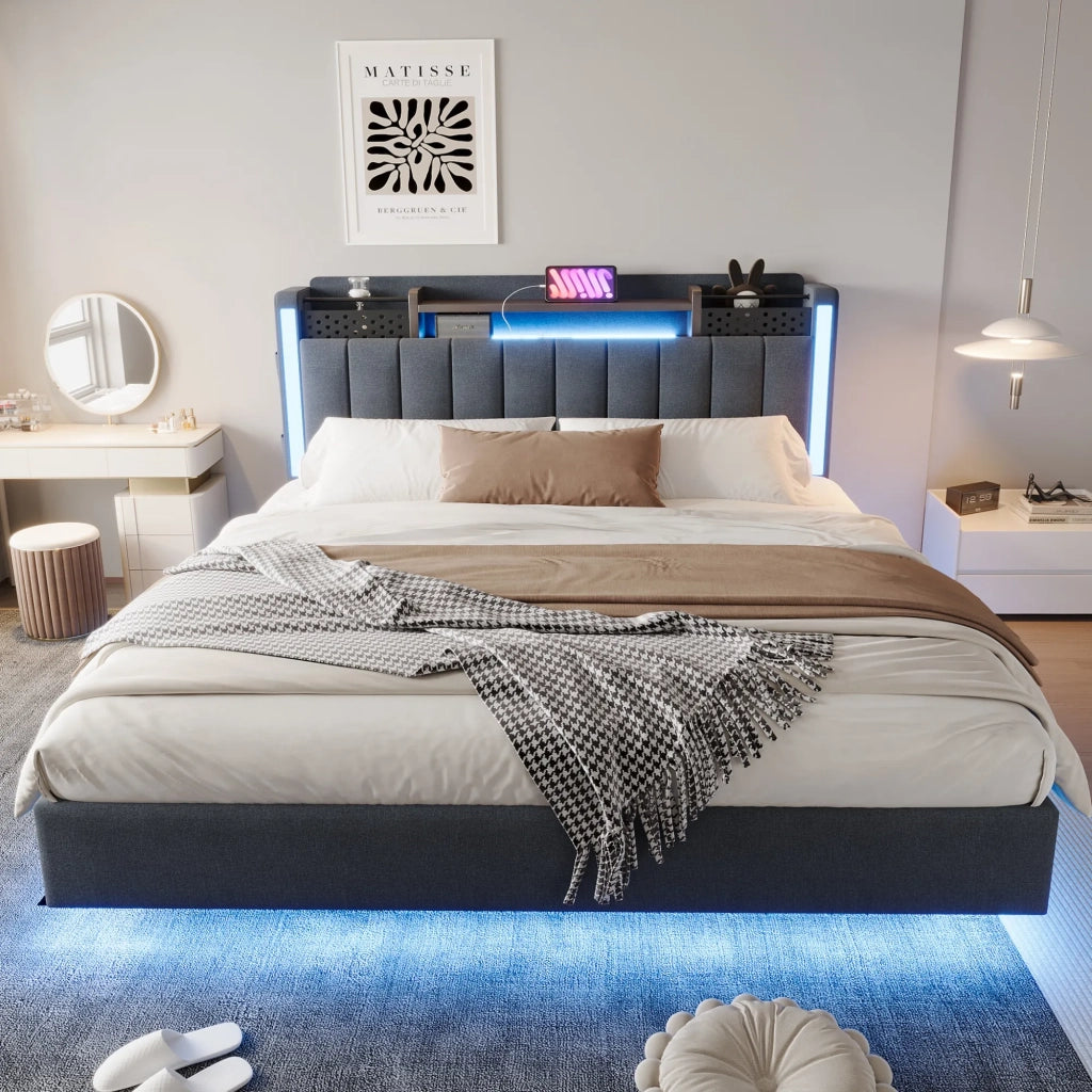Letto matrimoniale imbottito 160x200 cm con LED; USB; testiera contenitore e rete; grigio