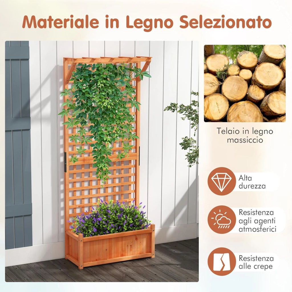 Fioriera da Esterno con Grigliato e Tettuccio, Letto Rialzato in Legno con Fori di Scarico, Aiuola Rialzata con Spalliera per Piante Rampicanti Viti e Fiori, 75 x 33 x 182,5 CM