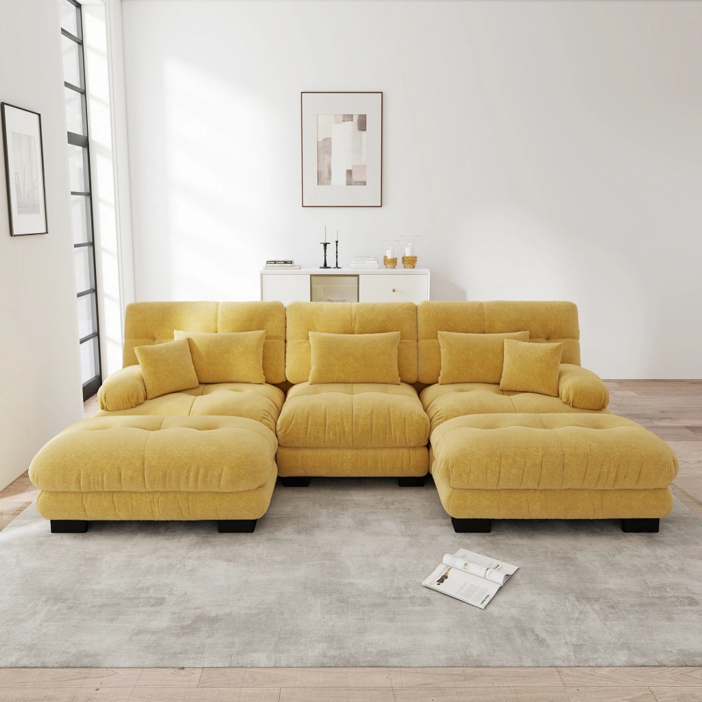 Divano panoramico a U modulare con pouf e seduta profonda in ciniglia gialla per soggiorno 313 × 145 × 81 cm