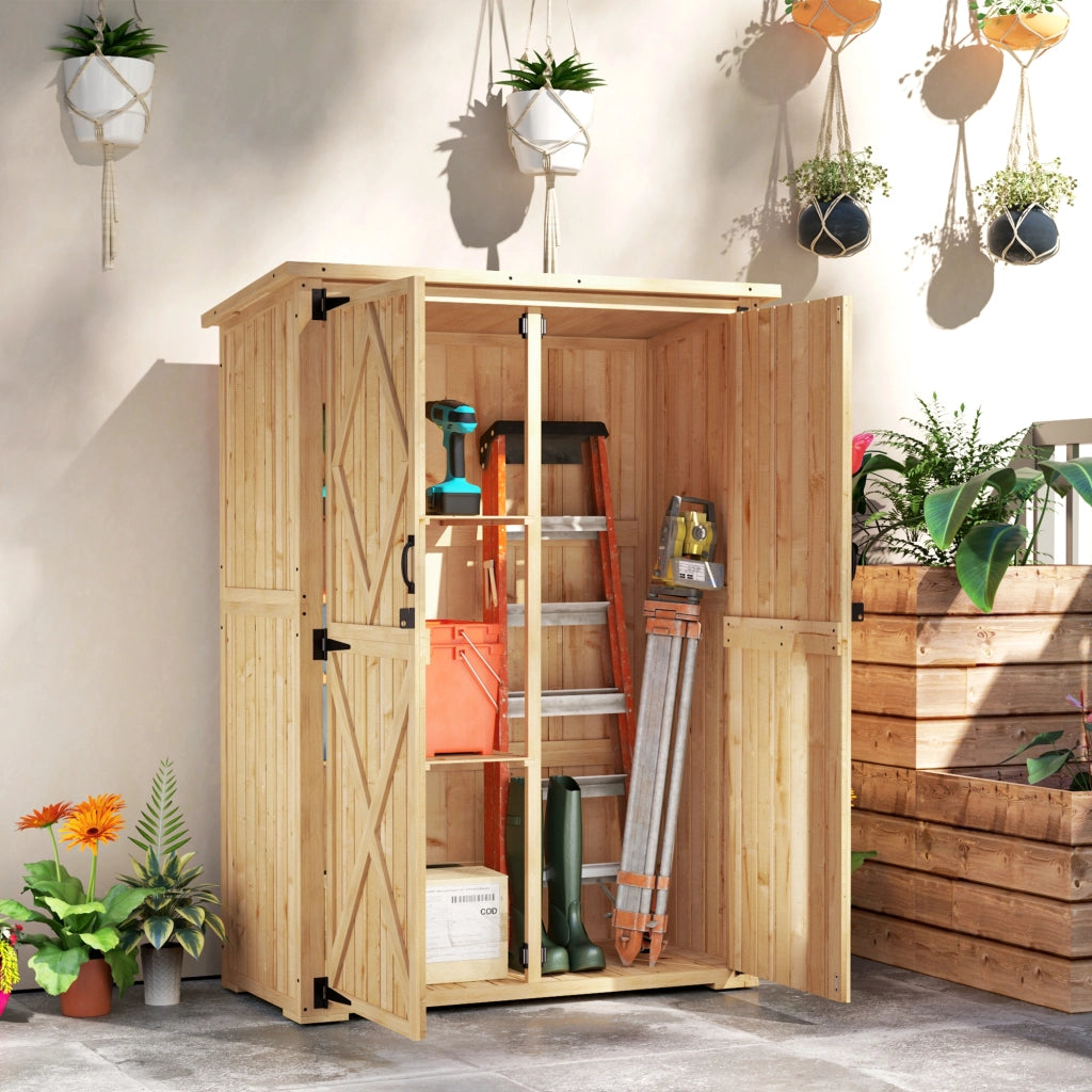 Casetta da giardino in legno di pino ¨C Minimal ¨C colore marrone chiaro, doppie porte, tetto in asfalto