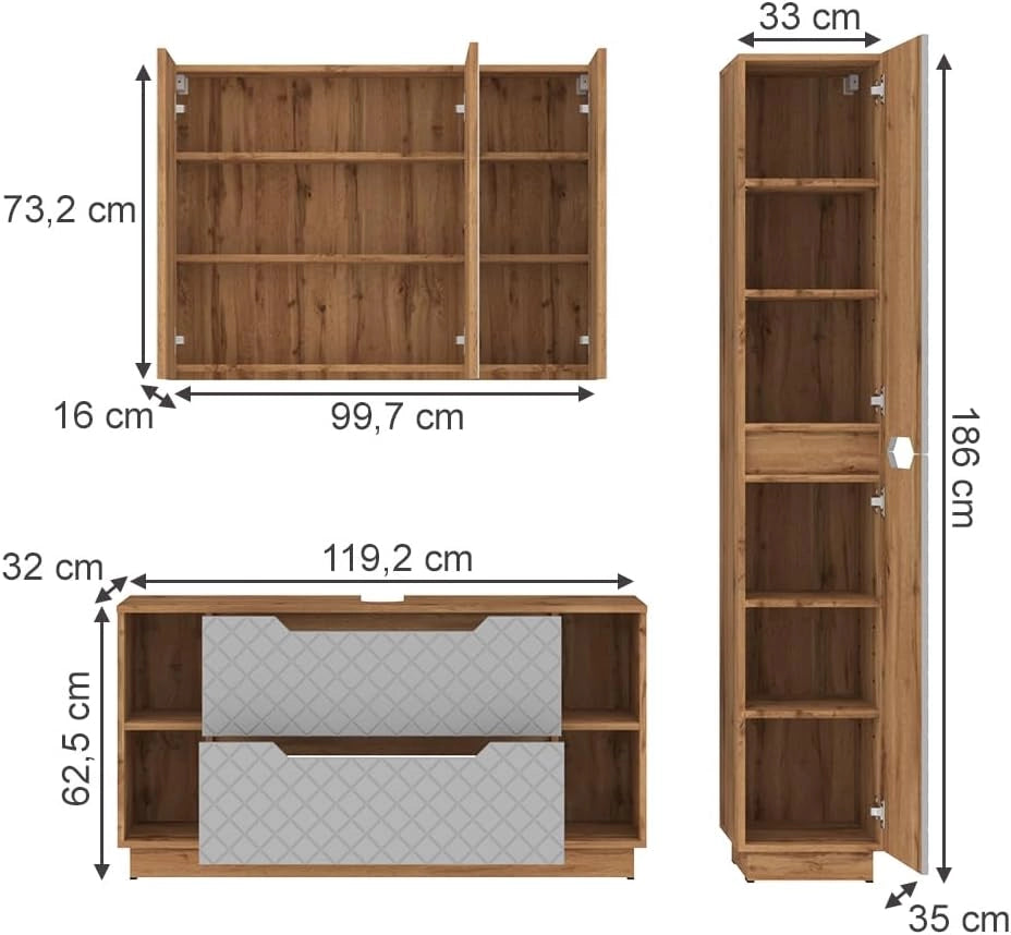 Set di mobili da bagno Lotta, Grigio, 119.2 cm, composto da mobile sottolavabo, specchiera e colonna alta