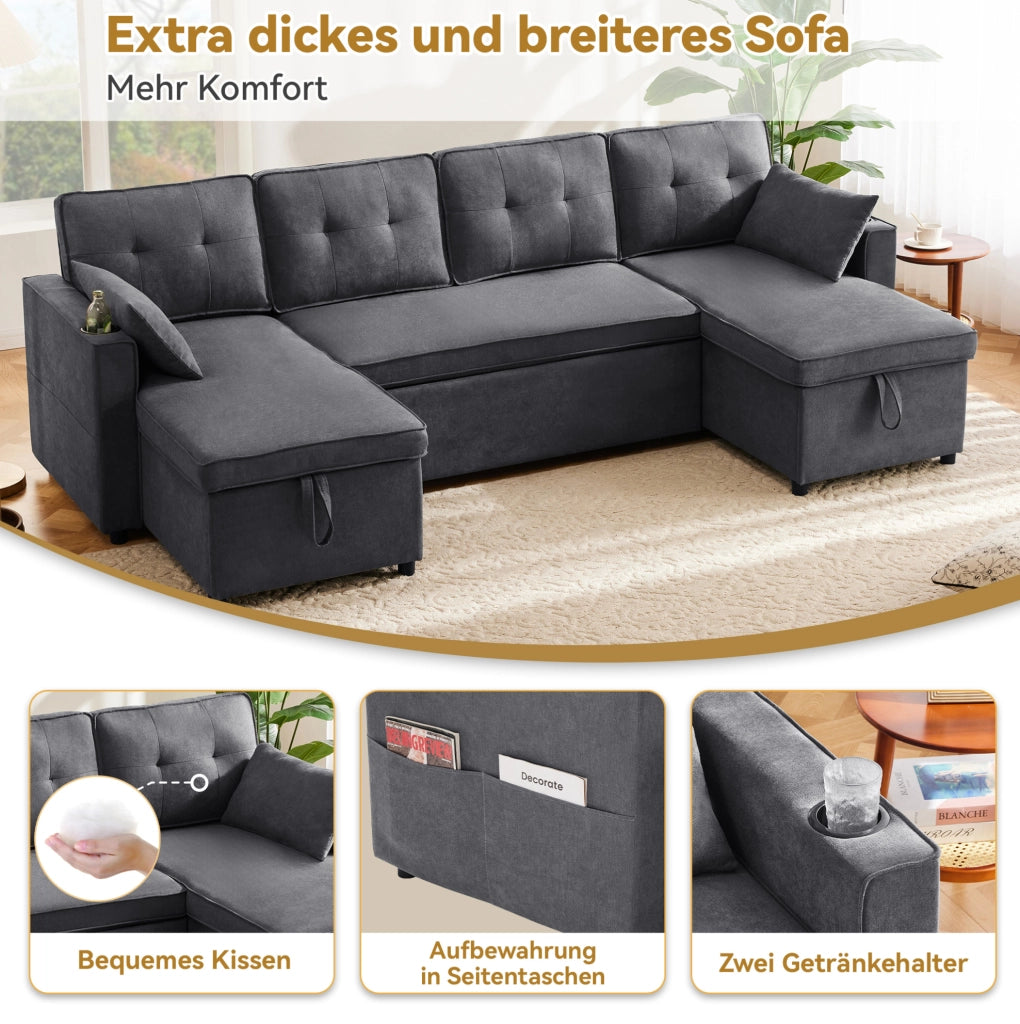 Divano letto angolare a U grigio 270 cm con contenitore