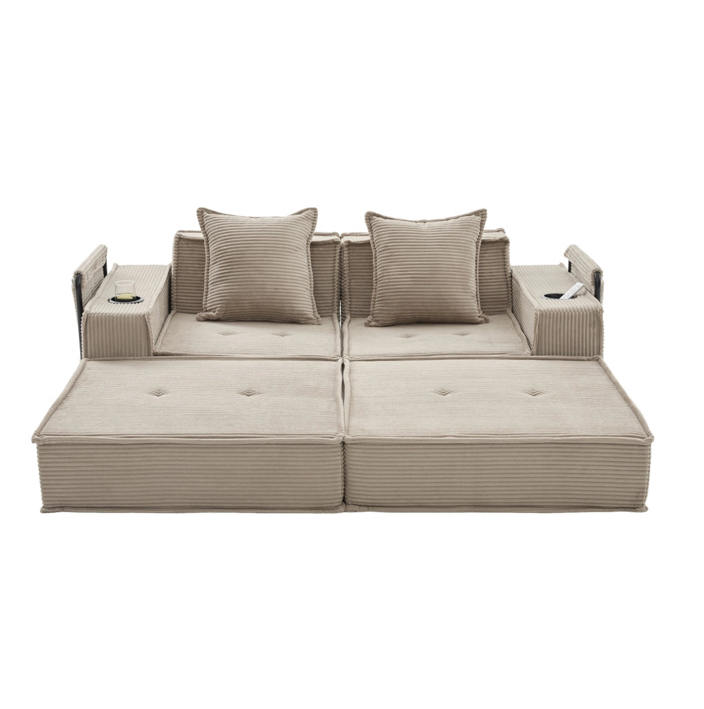 Divano letto 2 posti 162x78x66 cm kaki con tasche laterali, tessuto a coste