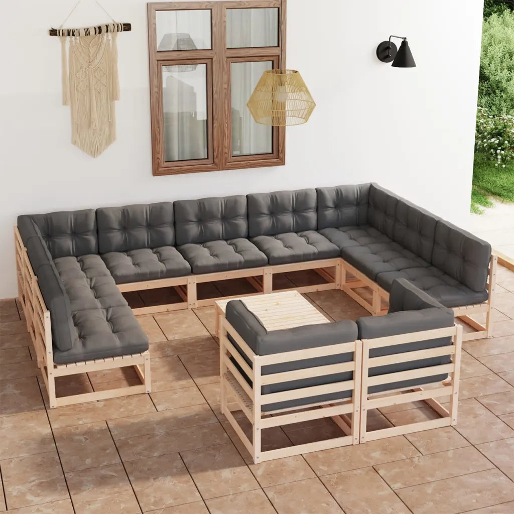 Set Divani Giardino 12 pz con Cuscini in Legno Massello di Pino 3077269
