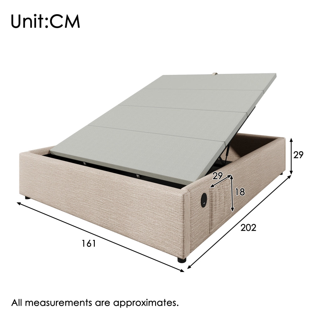 Letto matrimoniale contenitore 160x200 cm in lino naturale con USB e Type-C; senza testiera
