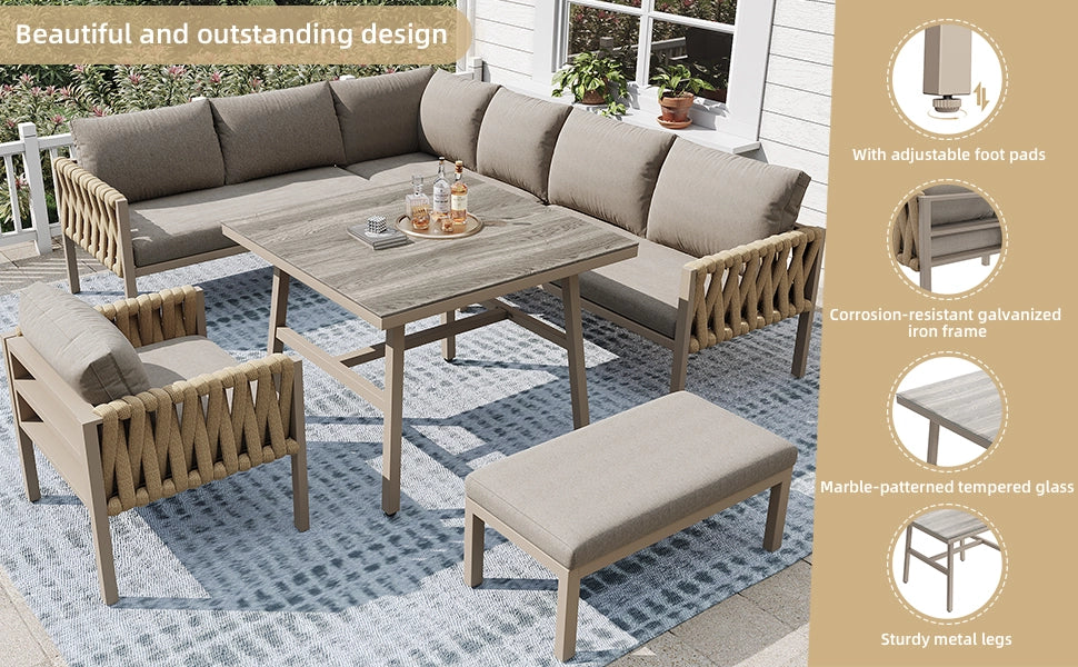 Set Divano Angolare da Giardino con Tavolino in Vetro ¨C MINIMAL ¨C Polyrattan Beige con Cuscini