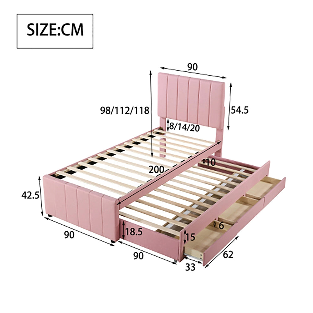 Letto singolo imbottito - Xylo - 90x200 cm - Rosa - Con letto estraibile e cassetti