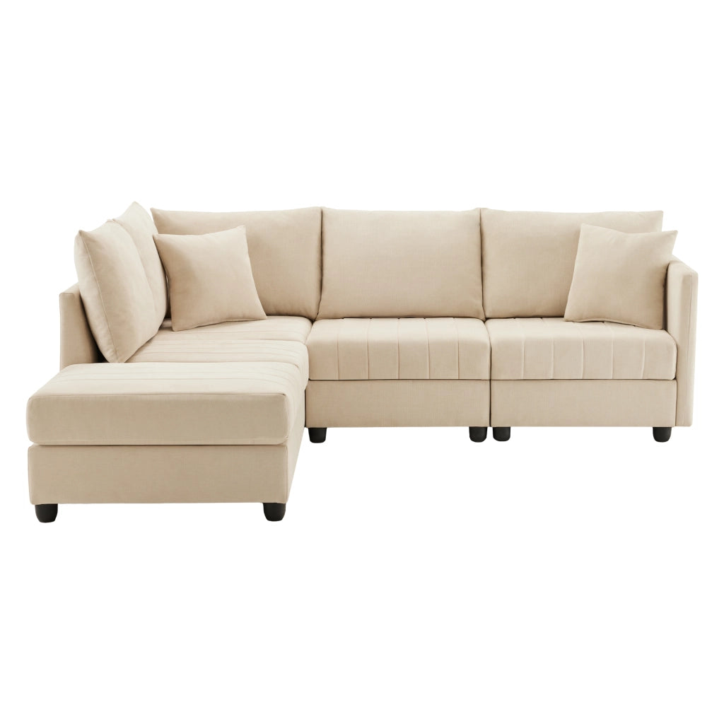 divano angolare modulare 5 posti con pouf mobile; tessuto cotone e lino beige 220 Ã— 194 Ã— 85 cm