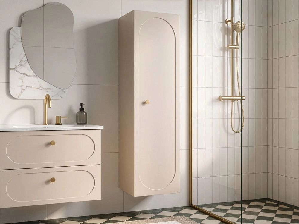 Mobile da bagno sospeso con struttura in MDF beige e 4 ripiani, stile glamour