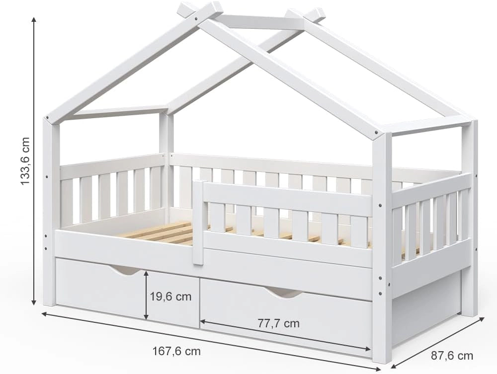 Letto montessori bambini Design, Bianco, 80x160 cm con 2 cassetti e materasso, adatto come area giochi e zona notte per bambini