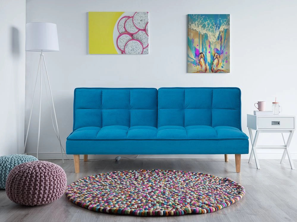 Divano Letto di colore Blu 3 Posti Schienale Reclinabile Trapuntato convertibile stile moderno