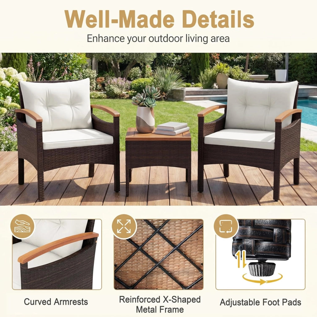 Set di Mobili a 3 Pezzi, Set da Bistrot in Rattan per Esterni con Tavolino, Cuscini Morbidi, Set da Conversazione in Legno d'Acacia per Patio, Cortile, Bordo Piscina (Bianco)