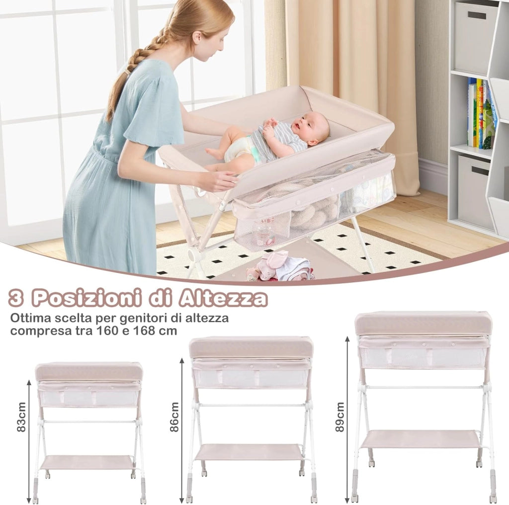 Fasciatoio Pieghevole per Bambini, Fasciatoio Portatile con Altezza Regolabile a 3 Livelli, Fasciatoio Neonato con Ruote di Bloccabili, Ripiano, Porta Asciugamani, per 0-12 Mesi (Beige)