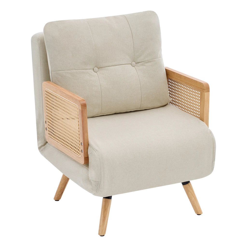 Poltrona letto 3 in 1 - con schienale reclinabile e braccioli in rattan - in lino beige
