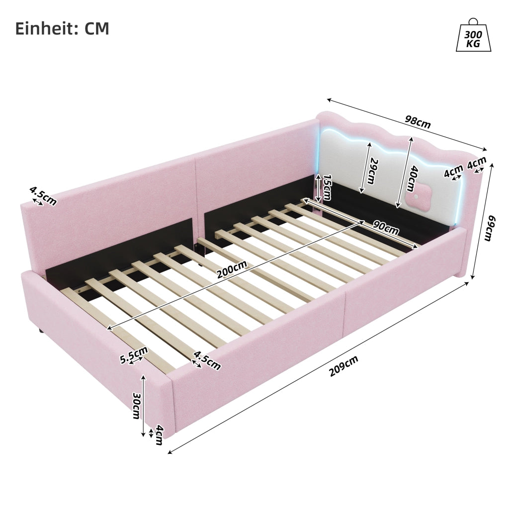 Letto giorno con luce LED velluto rosa 90x200 cm