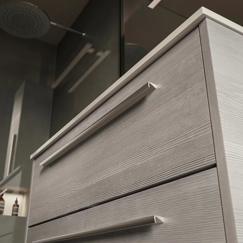 Mobile bagno sospeso 90cm rovere cenere due cassetti soft-close con lavabo e specchio | Aoki