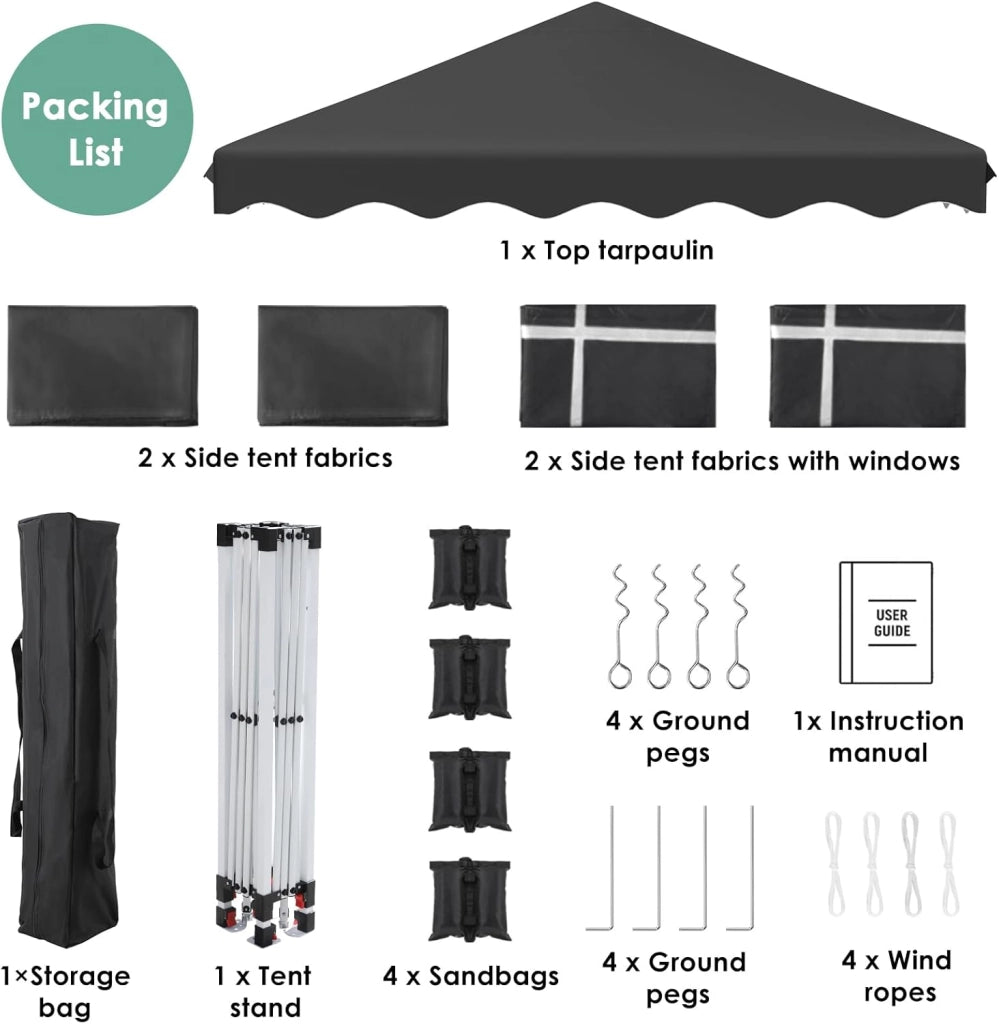 Gazebo 3x3, Gazebi Pieghevole Con Oxford 420D, Tenda Giardino Impermeabile, Per Feste, Con 4 Pareti Laterali, Padiglione Protezione UV 50+, Per Il Campeggio (Nero)