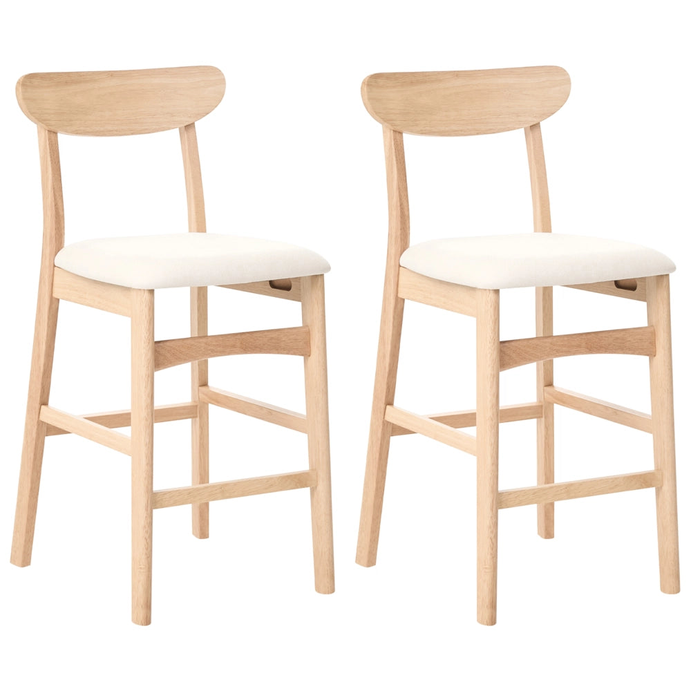 Set di 2 sedie da bar in legno di gomma marrone chiaro e beige chiaro, struttura in legno di gomma, seduta in tessuto, senza braccioli, design retrò