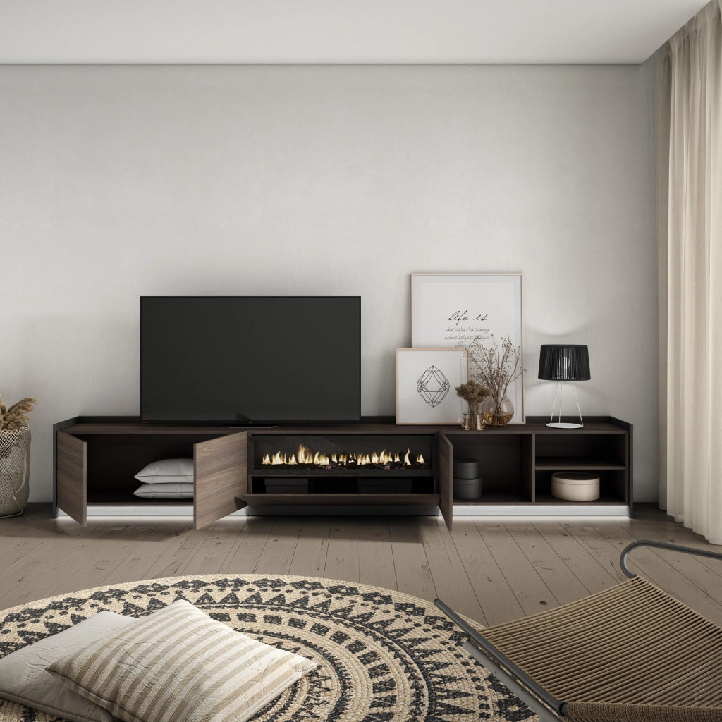 Mobile TV Soggiorno, 310x50x37 cm, Per TV fino a 80", Camino elettrico, LED, Rovere scuro e Nero