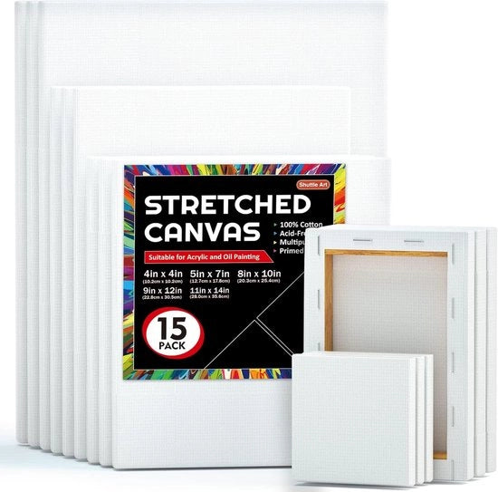 Pannelli di tela di canapa estensibili bianchi 15 in multipack - 4 x 4, 5 x 7, 8 x 10, 9 x 12, 28 x 30 cm - per acrilici e olio