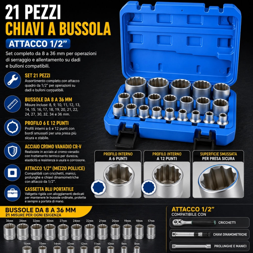 21 Chiavi a Bussola 1/2" 8-36 mm Profilo 6 e 12 Punti CR-V