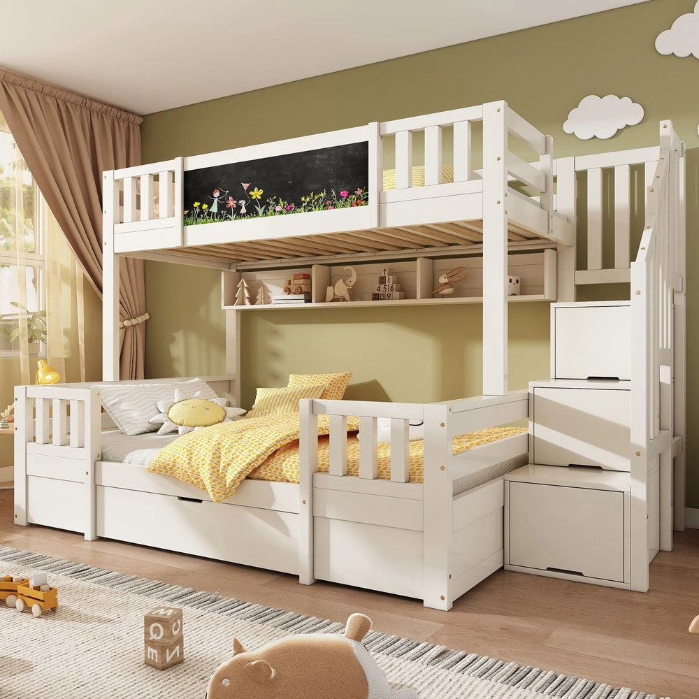 Letto a Castello per 3 Bambini con Cassetti e Scaletta ¨C MINIMAL ¨C Massello Bianco 90x200 / 140x200
