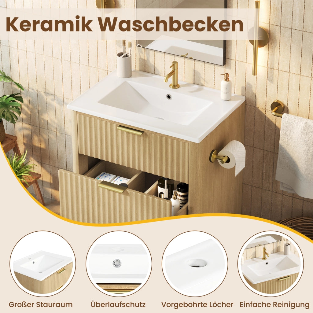 Mobile sottolavabo con lavabo in ceramica, 2 cassetti e portarotolo reversibile, per bagno, in MDF, naturale, 61 × 47 × 82 cm