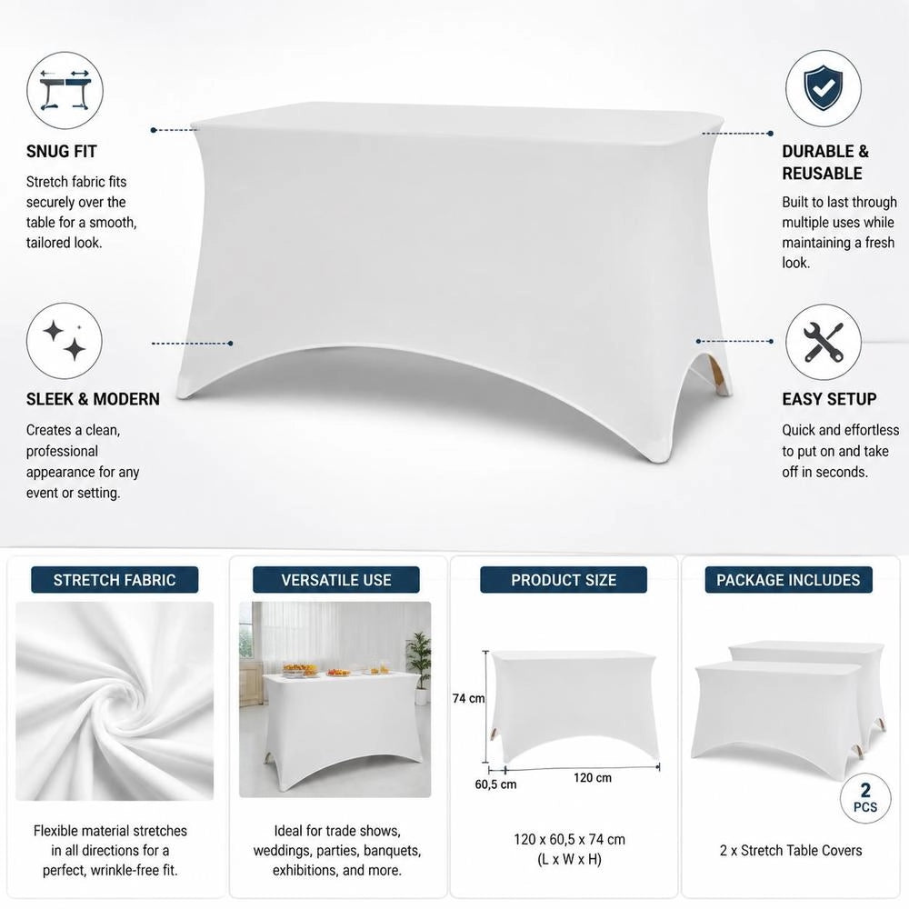 Stretch Table Cover, 2 Pieces, 120 X 60.5 X 74 Cm, White