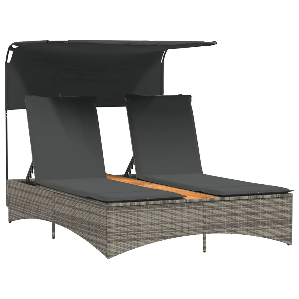Lettino Doppio con Baldacchino e Cuscini Grigio in Polyrattan 365622