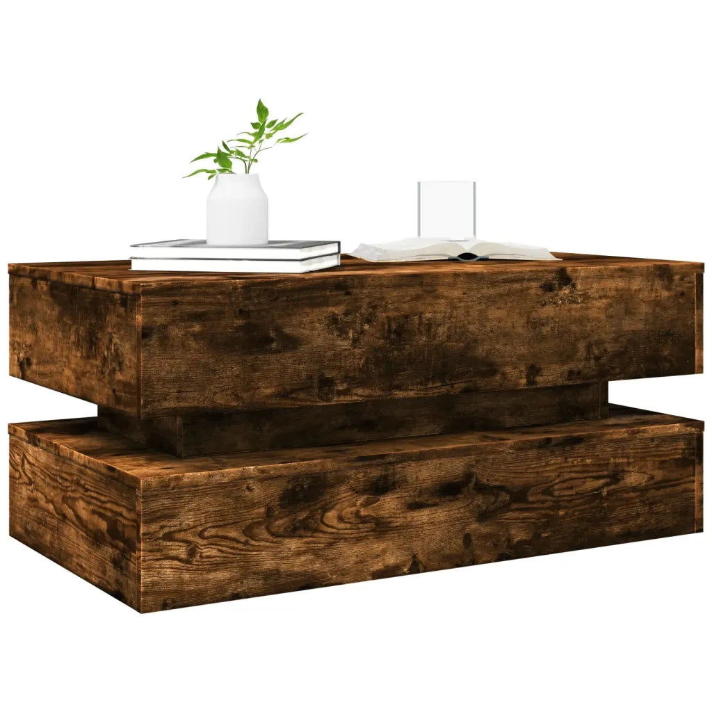 Tavolino da Soggiorno-Tavolino da Salotto con Luci LED Rovere Fumo 90x50x40 cm
