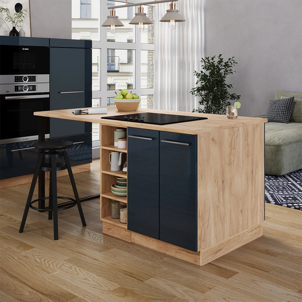 Isola da cucina Fame-Line Blu scuro lucido/Rovere dorato 90 cm senza piano di lavoro Vicco