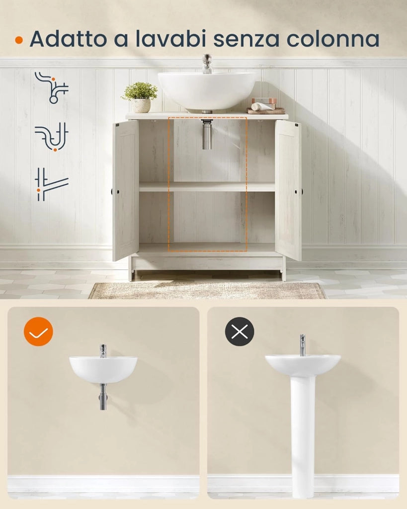 Mobile Sottolavabo da Bagno, Montaggio Rapido Senza Attrezzi Toolless, Mobiletto con Ripiano Regolabile per Lavabo senza Colonna, Bianco Vintage BBC222WJ01