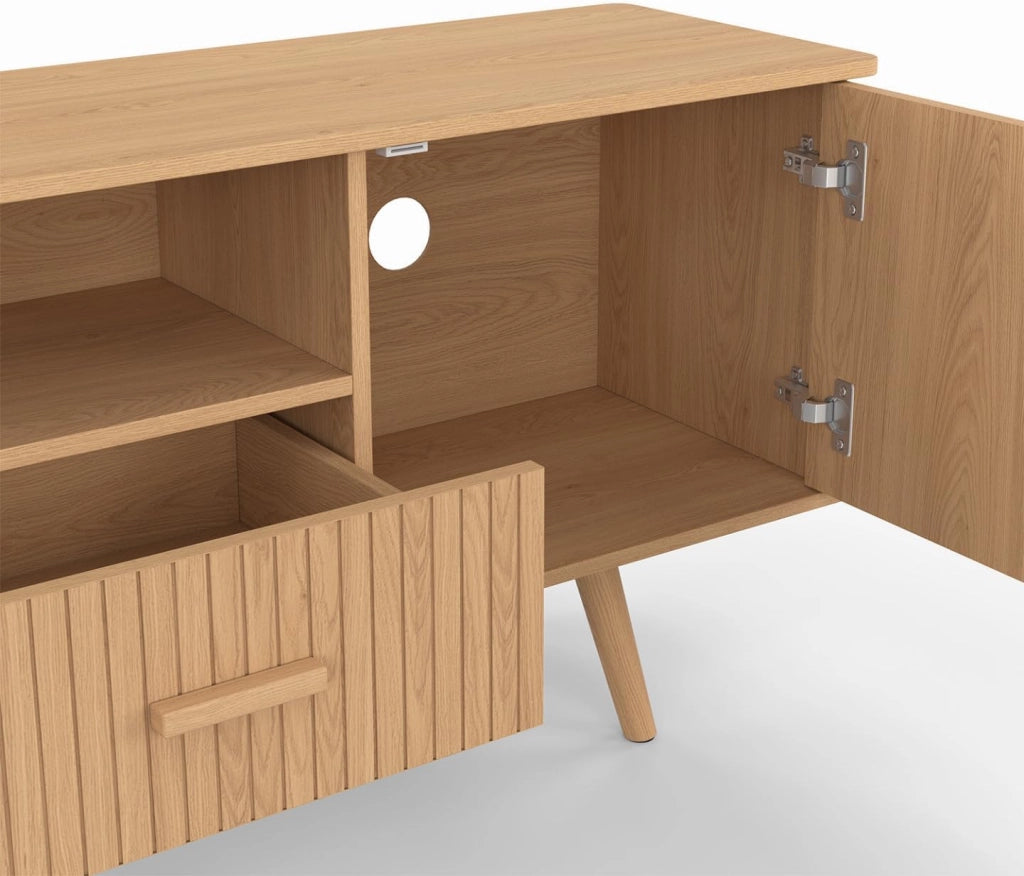 Mobile TV JULIETTE 180 cm con 2 ante e 2 cassetti, doghe in legno color rovere