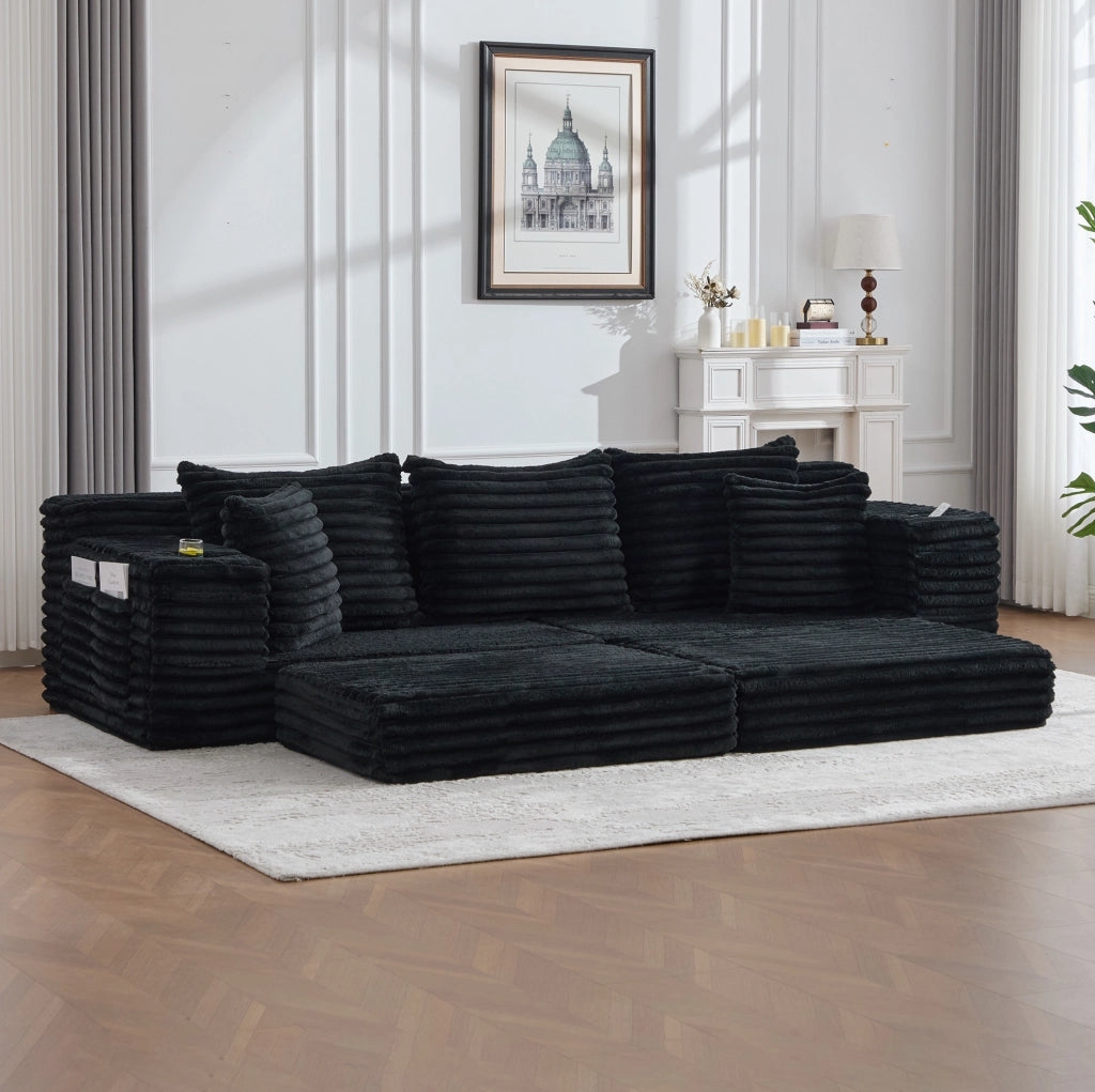 Divano letto 273x98x87 cm in velluto a coste nero con tasche e portabevande