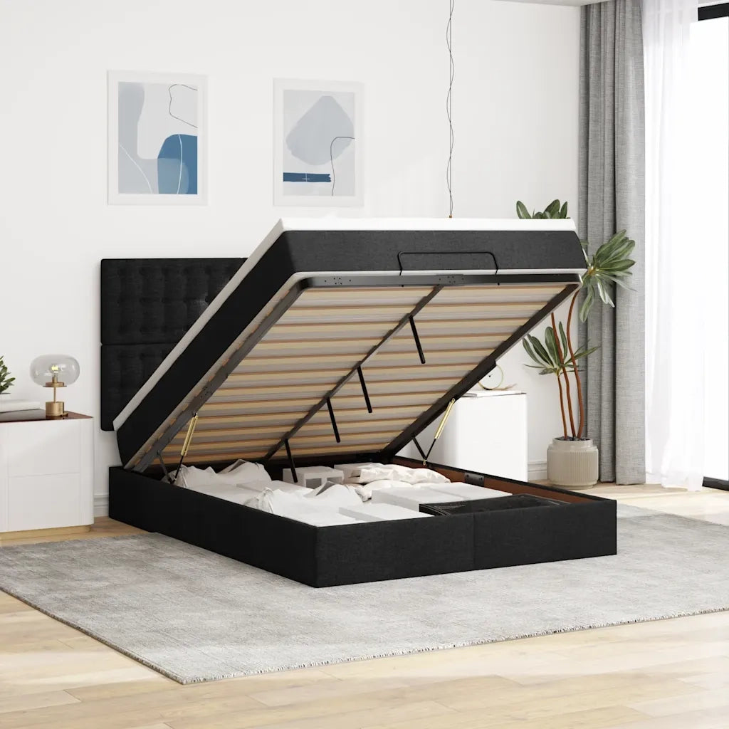 Struttura Letto Pouf con Materasso Nero 140x200 cm in Tessuto 3314178