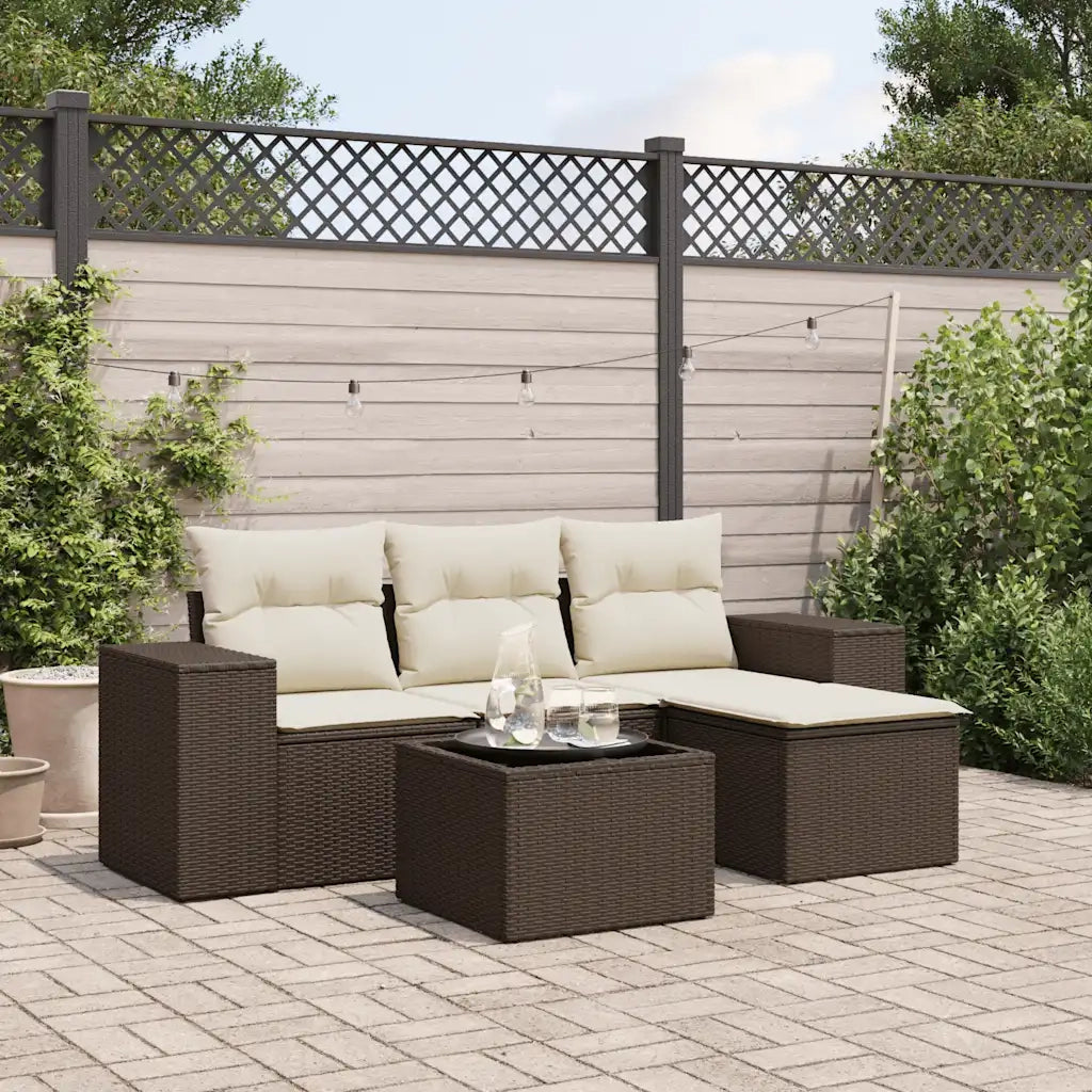 Set Divano da Giardino 5 pz con Cuscini-Sofa da Giardino-Divanetto da esterno Marrone in Polyrattan 308823