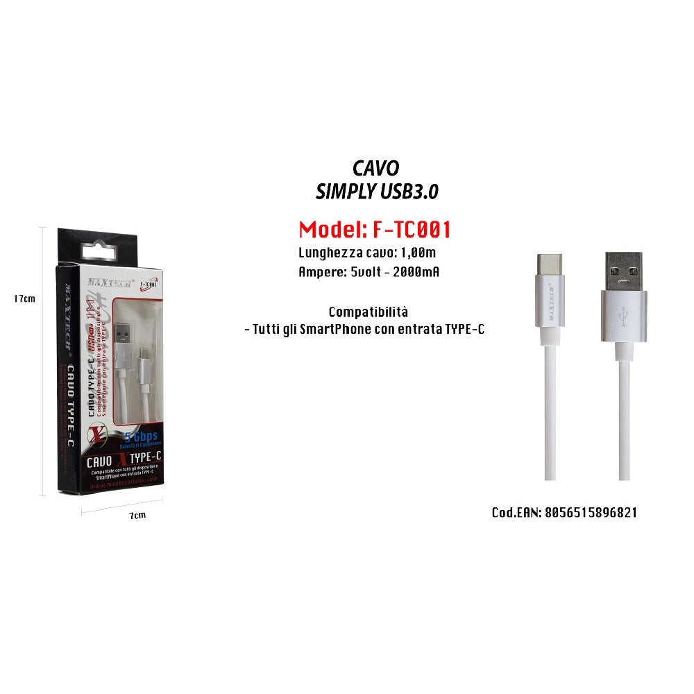 Trade Shop - Cavo Usb Di Ricarica Simply Usb 3.0 Da 1mt Ampere Cellulare 5v-2000ma Maxtech F-tc001 -