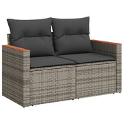 Set divani giardino 11 pezzi con cuscini grigi in polyrattan e acacia