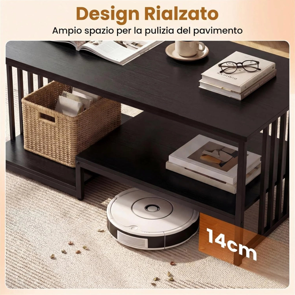 Tavolino da Caffè Rettangolare con 2 Ripiani Portaoggetti e Struttura in Metallo Resistente, Tavolo dallo Stile Moderno, Tavolino Cocktail per Soggiorno e Lounge, 110 x 60 x 45 cm (Nero)