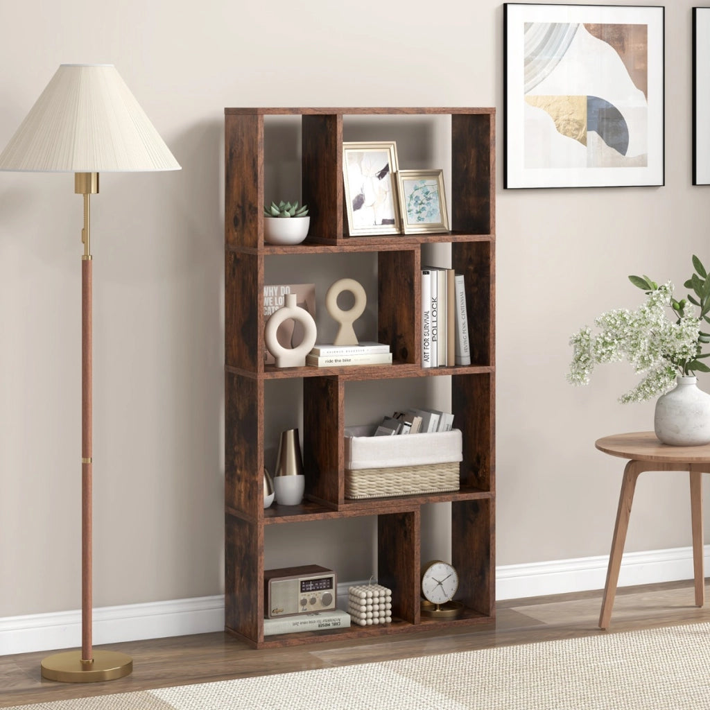 Libreria geometrica a 4 ripiani da 120cm-Organizzatore di stoccaggio moderno con 8 cubi in legno per soggiorno Marrone