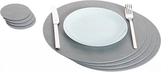 Set di 4 piatti di riciclo in pelle rotonda con supporti - grigio sporco - 33 cm piatti, 10 cm supporti