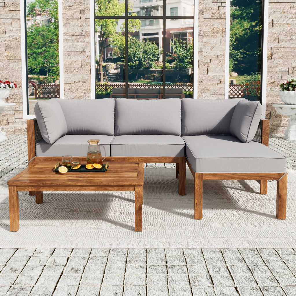 Salotto da Giardino con 2 Divani 2 Posti e 1 Tavolino; Braccioli in Corda Intrecciata; per Terrazza; Legno e Ferro; Grigio
