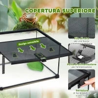 Terrario per Rettili Rialzato con Serratura e Termometro, in Vetro e Rete Metallica, 50x30x25 cm, Nero
