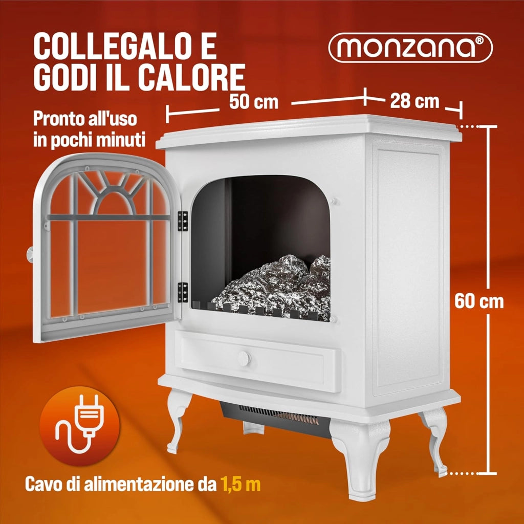 DEUBA® Camino Elettrico 2000W 60x28x50cm Termocamino Luce LED Effetto Fiamma Stufa Elettrica Caminetto finto a Corrente Stile Antico Bianco