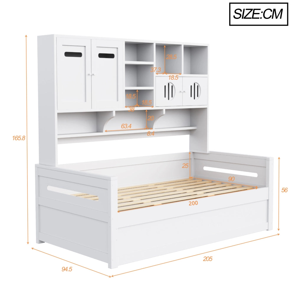 OKWISH Letto Divano 90×200 cm, Letto Singolo con Contenitore Idraulico, Vani e Armadietti Portaoggetti, senza Materasso, Bianco