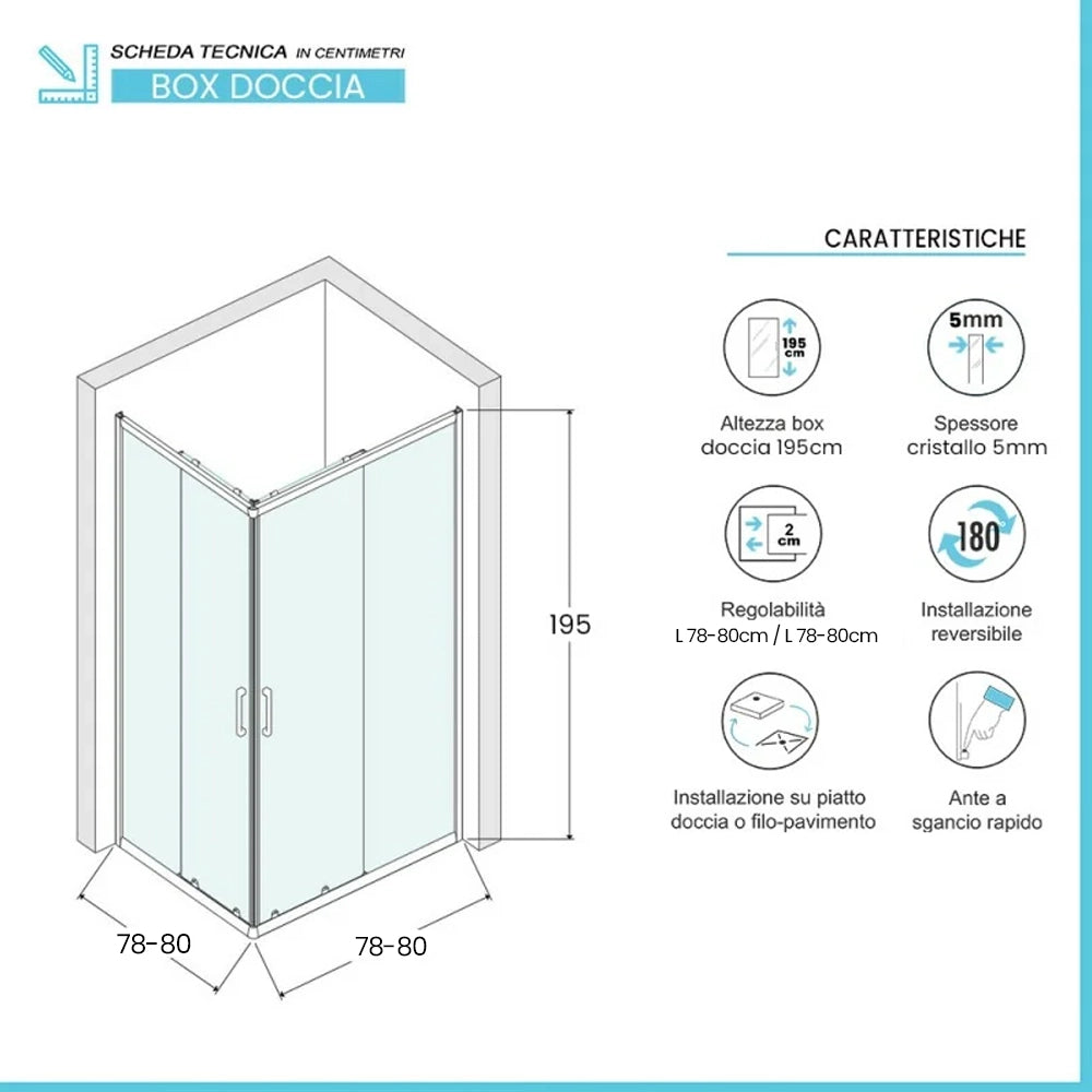 Box doccia angolare 80x80 in vetro temperato trasparente doppio scorrevole con profili neri Tay