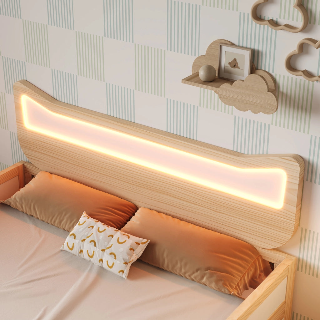 Letto per bambini 90x200 cm con testiera gatto LED RGB, cassetto e sponde